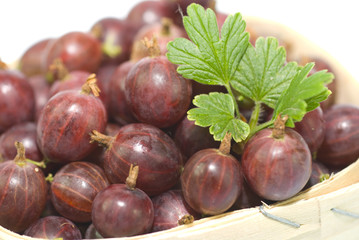 Red gooseberries in a wicker basket.