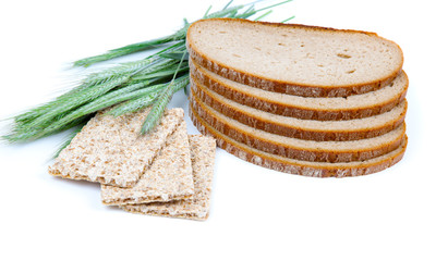 tasty baked bread, crispbread, ears and wheat grain,