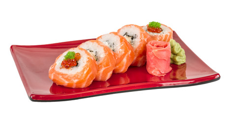 Japanese sushi traditional japanese food.Roll made of salmon, re