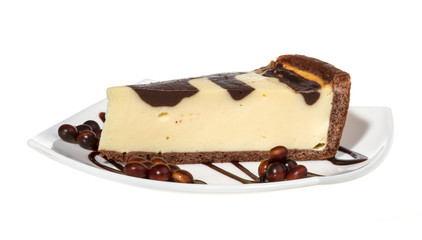 cheesecake with chocolate sauce.