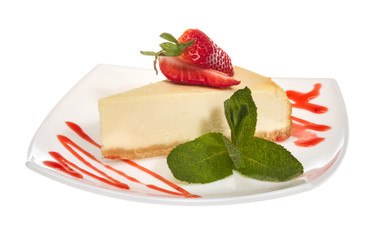a piece of strawberry cheesecake on whit