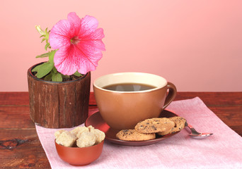 Coffee with sugar for breakfast on a bright colorful background