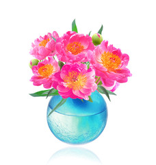 Peony Flowers Bouquet in Vase isolated on white background