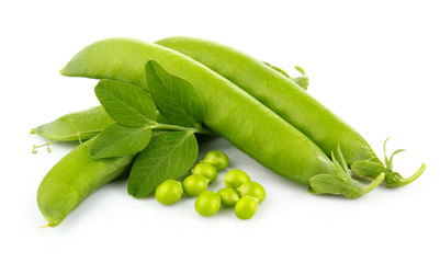 Heap pf green pea pods with leaves isolated on white