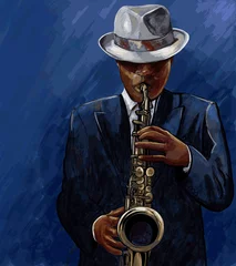 Fotobehang Muziekband saxofonist saxofoon spelen op een blauwe achtergrond