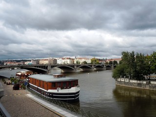 House boats on Vltava river in Prague, Czech Republic