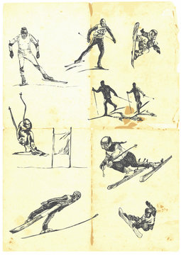 Hand drawn a large collection of alpine skiing