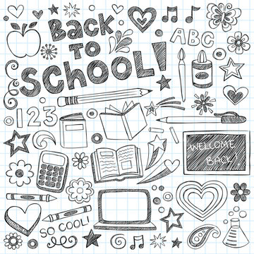 Back to School Supplies Sketchy Notebook Doodles Vector Set