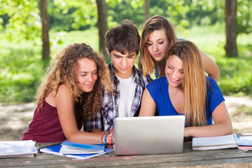 Group of Teenage Students at Park with Computer and Books