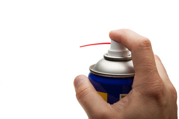 hand pushing spray can. isolated over white background