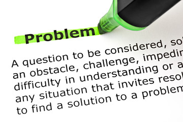 Dictionary definition of the word Problem highlighted with green marker