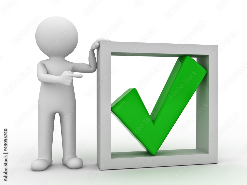 Poster 3d man pointing finger at green check mark in box