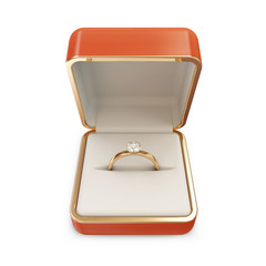 Golden Wedding Ring with Diamond in a Box isolated on white