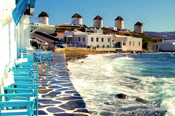 View of the famous windmills of Mykonos, Greece - obrazy, fototapety, plakaty