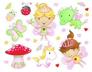 Cute Fairy Princess Flowers Bug et Animal Vector Set