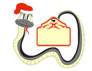 Snake in a Santa Claus hat with a paper in the tail