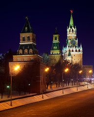 Moscow Kremlin towers in winter night