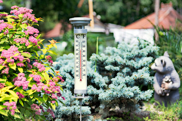 Modern stylish outdoor thermometer in the garden