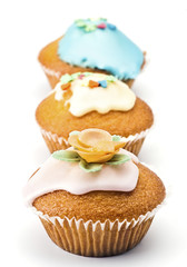 Cupcakes decorated with colored sugar on white base