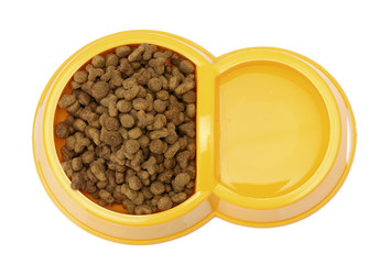 dry cat food and water in yellow bowl isolated on white