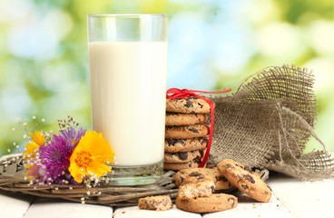 glass of milk, chocolate chips cookies with red ribbon and