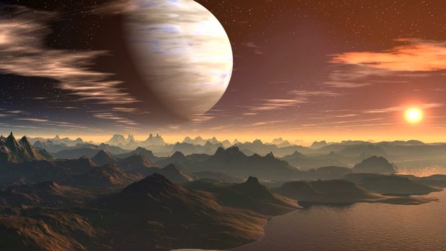 The gas giant and sunrise on a fantastic planet.