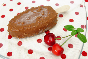Chocolate ice cream with cherries isolated on homey background