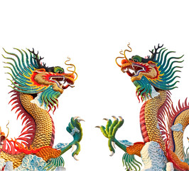 Two colorful dragon statue isolated on white background.