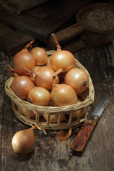 Golden onions in a basket