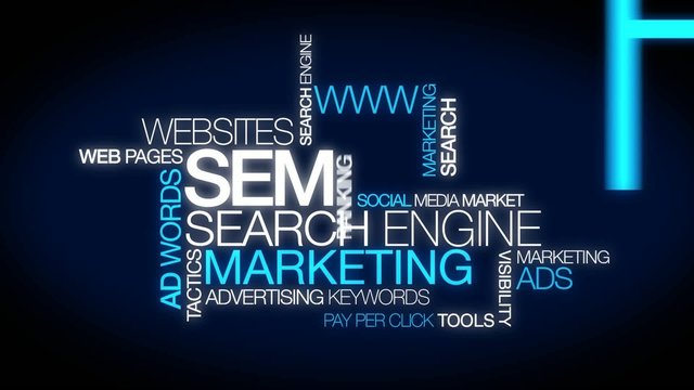 SEM Search Engine Marketing animation video blue word cloud