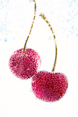 close-up of cherry in pure water with bubbles