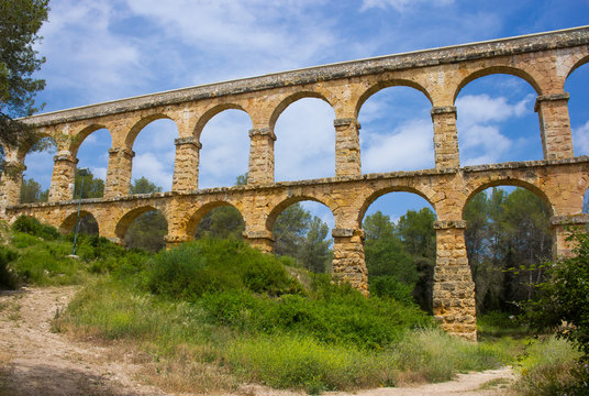 Beautiful view of roman Aqueduct Pont del Diable in Tarragona
