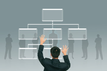 Business man climbing transparent button on the digital screen