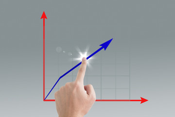 Business man pointing a growing graph on the screen background
