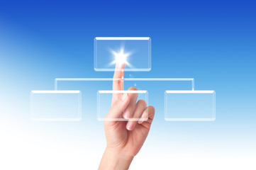 Business man pressing button on the digital screen  background