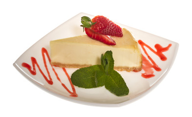 a piece of strawberry cheesecake on whit