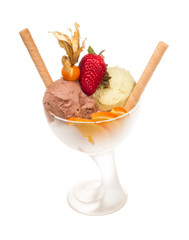 yogurt and chocolate ice cream in a bowl close up