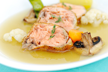 tuna fish soup with vegetables and mushrooms