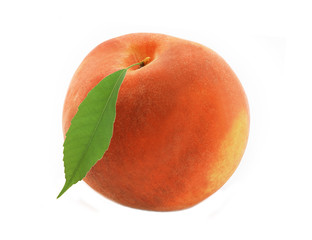 fresh sweet peach with green leaf isolated on white background