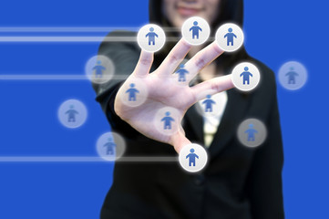 Business woman with hand holding touch screen