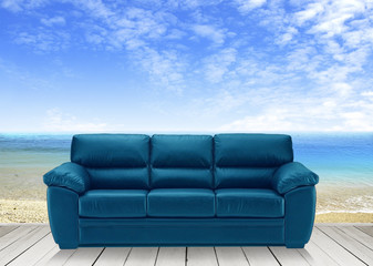Fototapeta na wymiar Wooden terrace and blue sofa