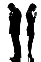 one sad couple back to back man thinking and woman crying