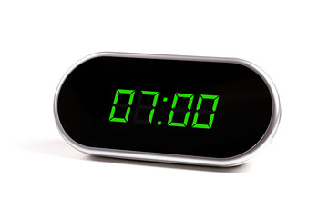digital alarm clock with green digits - obrazy, fototapety, plakaty