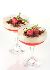 fruit jelly with chocolate and raspberries in glasses isolated