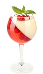 fruit jelly with chocolate and berries in glass isolated