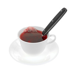 Rose hip hibiscus tea in cup and saucer with spoon