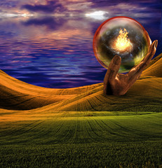 Surreal Landscape with giant sculptures and fire