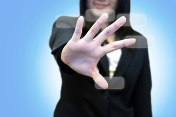 Business woman with hand pointing on touch screen