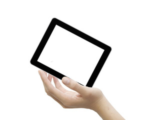 A male hand with touchscreen computer