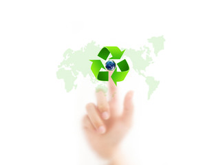 man finger pressing ecology button, isolated on a white backgrou